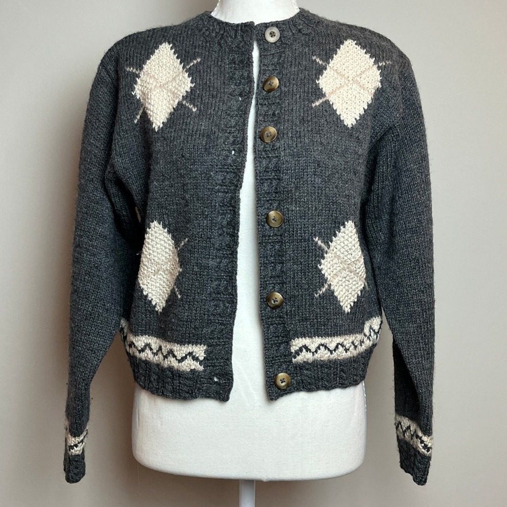 Vintage Liz Claiborne Collection Hand Knit Wool Silk Argyle Cardigan Petite P